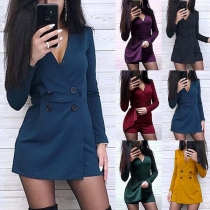 Sexig djup V-ringad långärmad dubbelknäppt Slim Fit Romper