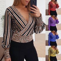 Sexy Deep V-neck Long Sleeve Striped Printed Top