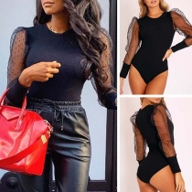 Sexy Dots Gauze Spliced Puff Sleeve Round Neck Bodysuit