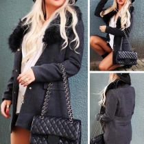 Fashion Solid Color Detachable Faux Fur Collar Slim Fit Coat