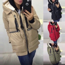 Fashion Solid Color Zipper Pocket Hooded Padded Coat