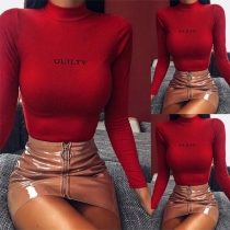 Fashion Letters Printed Long Sleeve Mock Neck Slim Fit Top