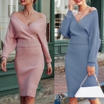 Sexy Backless V-neck Long Sleeve Knit Top + Skirt Two-piece Set