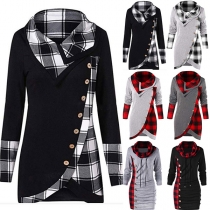 Fashion Plaid Spliced Long Sleeve Hooded Sweatshirt Dress