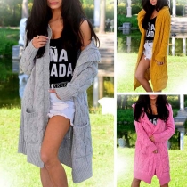 Fashion Solid Color Long Sleeve Hooded Knit Cardigan