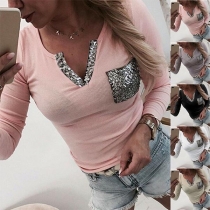 Mode paljetter Skarvad V-ringad långärmad T-shirt (den blir liten)