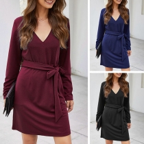 Elegant Solid Color Long Sleeve V-neck Slim Fit Dress