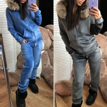 Fashion Faux Fur Spliced Hooded Sweatshirt Coat + Pants Two-piece Set