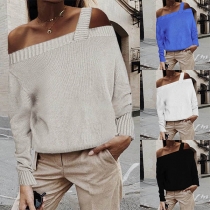 Sexy Off-shoulder Boat Neck Long Sleeve Solid Color Sweater