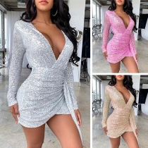 Sexy Deep V-neck Long Sleeve Slim Fit Sequin Dress