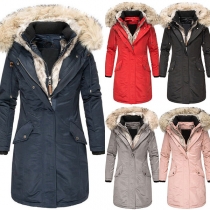 Fashion Solid Color Faux Fur Spliced Hooded Slim Fit Padded Coat