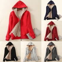 Fashion Solid Color Plush Lining Hooded Sweatshirt Coat