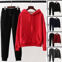 Enfärgad Mode Faux Cashmere Fodrad Hoodie + Byxor Set i Två Delar