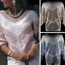 Fashion Contrast Color Dolman Sleeve V-neck Knit Top