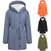 Fashion Solid Color Drawstring Waist Faux Cashmere Lining Hooded Padded Coat