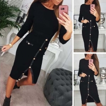 Fashion Long Sleeve Round Neck Slit Hem Slim Fit Dress