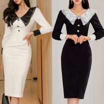Sexy Lace Spliced Ruffle Collar Long Sleeve Slim Fit Dress