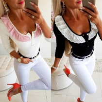 Sexy Lace Spliced Ruffle Collar Long Sleeve Slim Fit Top