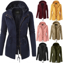 Fashion Solid Color Drawstring Waist Hooded Jacket