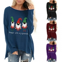 Fashion Christmas Printed Long Sleeve Slit Hem Sweatshirt