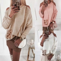 Sexy Off-shoulder Long Sleeve Round Neck Sequin Spliced Top