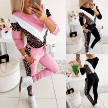 Fashion Leopard Spliced Long Sleeve Sweatshirt + Pants Two-piece Set