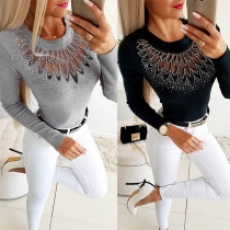 Sexy Gauze Spliced Long Sleeve Round Neck Rhinestone Top