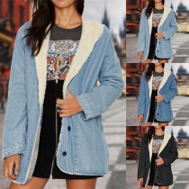Fashion Long Sleeve Lapel Faux Cashmere Lining Denim Coat
