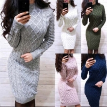 Fashion Solid Color Long Sleeve Mock Neck Slim Fit Sweater Dress