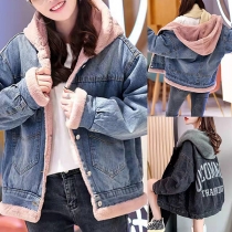 Mode Långärmad Hoodad Jacka i Fuskpälsfodrad Denim