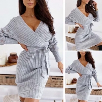 Sexy V-neck Dolman Sleeve Solid Color Slim Fit Knit Dress