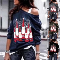 Sexy Oblique Shoulder Long Sleeve Santa Claus Printed Sweatshirt