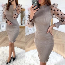Sexy Dots Gauze Spliced Lantern Sleeve Mock Neck Slim Fit Dress