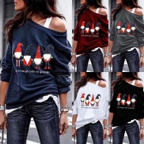Sexy Oblique Shoulder Long Sleeve Santa Claus Printed Sweatshirt