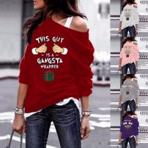 Sexy Oblique Shoulder Long Sleeve Printed Sweatshirt