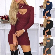 Sexy Long Sleeve High Collar Hollow Out Slim Fit Dress