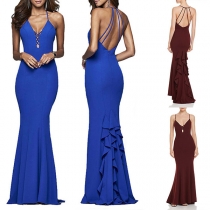 Sexy Backless V-neck Slit Hem Sling Ruffle Dress(It falls small)