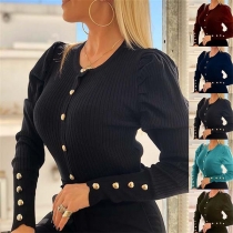 Fashion Solid Color Long Sleeve Slim Fit Button Top