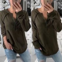 Fashion Solid Color Long Sleeve V-neck Loose T-shirt