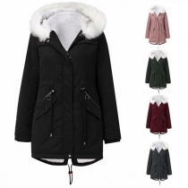 Fashion Faux Fur Spliced Hooded Silhouette Plush Lining Padded Coat
