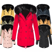Fashion Long Sleeve Faux Fur Spliced Hooded Slim Fit Padded Coat