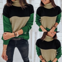 Fashion Contrast Color Long Sleeve Turtleneck Knit Top