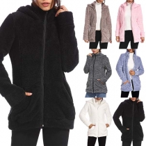Fashion Solid Color Long Sleeve Hooded Plush Sweatshirt Coat