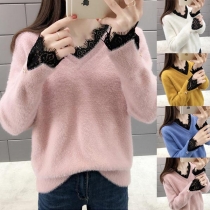 Fashion Lace Spliced Long Sleeve V-neck Knit Top