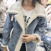 Mode POLO Krag Plysch Foder Löst Denim Coat