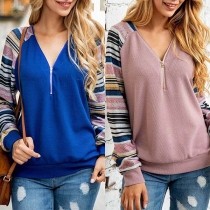 Fashion Striped Spliced Long Sleeve Zipper V-neck Top