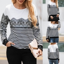 Fashion Lace Spliced Long Sleeve Round Neck Striped Sweatshirt