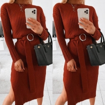 Fashion Solid Color Round Neck Slit Hem Slim Fit Knit Dress with A Belt