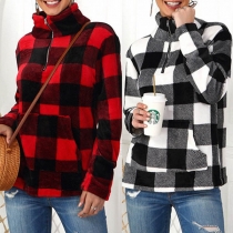 Fashion Long Sleeve Stand Collar Plaid Sweatshirt