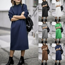 Simple Style Long Sleeve Slit Hem Solid Color Knit Dress